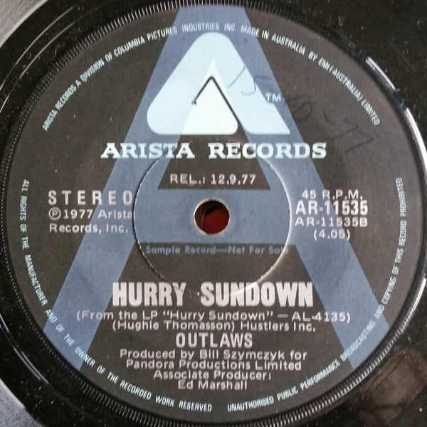 Outlaws : Hurry Sundown / So Afraid (7", Single, Promo)
