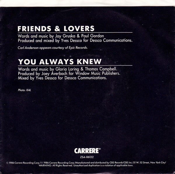 Gloria Loring & Carl Anderson : Friends & Lovers (7", Car)