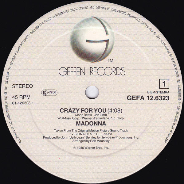 Madonna : Crazy For You (12", Maxi)