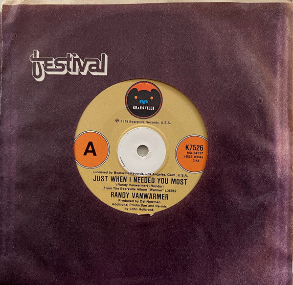 Randy Vanwarmer : Just When I Needed You Most (7", Single)