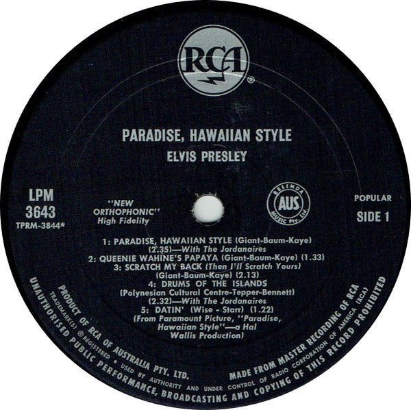 Elvis Presley : Paradise, Hawaiian Style (LP, Album, Mono)