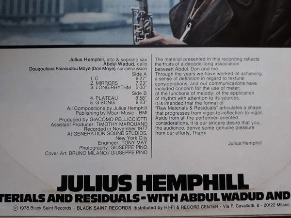 Julius Hemphill With Abdul Wadud And Famoudou Don Moye : Raw Materials And Residuals (LP, Album)