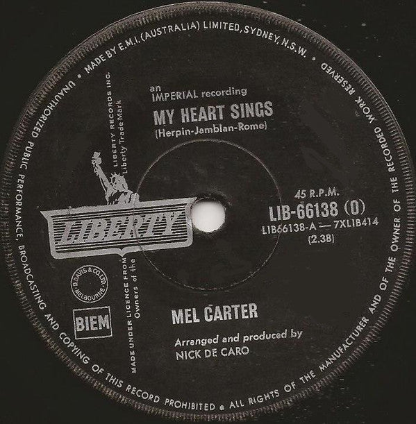 Mel Carter : My Heart Sings (7", Single)