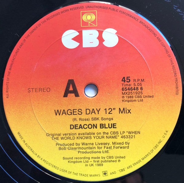 Deacon Blue : Wages Day (12", Single)