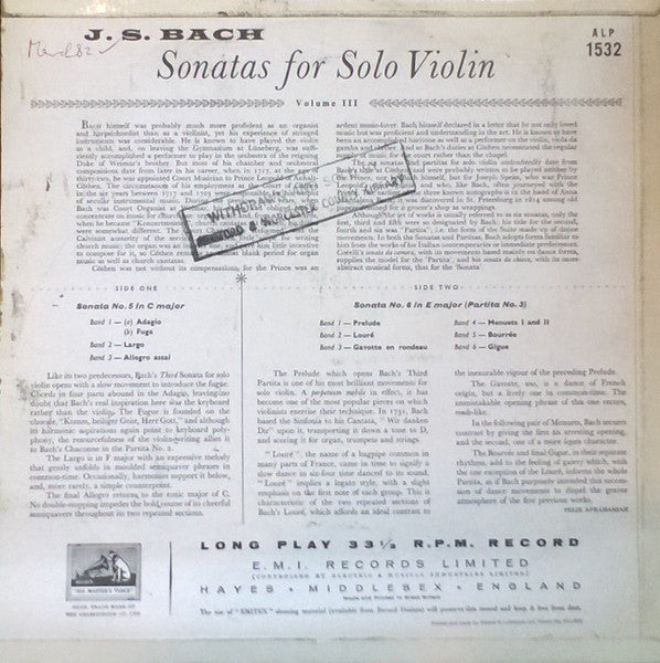 Yehudi Menuhin, Johann Sebastian Bach : Sonatas For Solo Violin, Volume 3 (LP, Mono, RP)