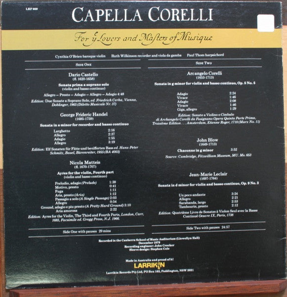 Dario Castello, Georg Friedrich Händel, Nicola Matteis, Arcangelo Corelli, John Blow, Jean-Marie Leclair, Capella Corelli : For Ye Lovers and Masters of Musique (LP)