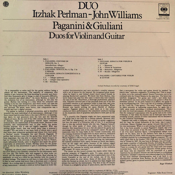 Itzhak Perlman & John Williams (7) - Paganini* & Giuliani* : Duo (LP, Album)