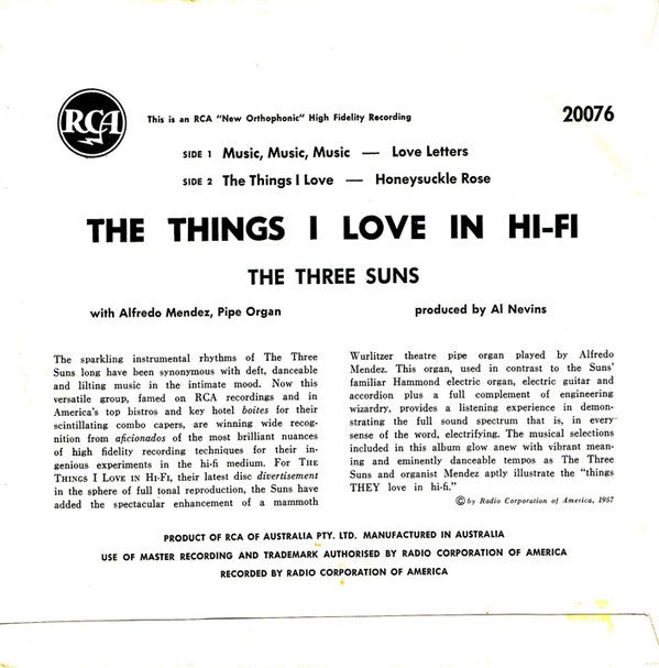 The Three Suns : The Things I Love In Hi-Fi (7", EP)