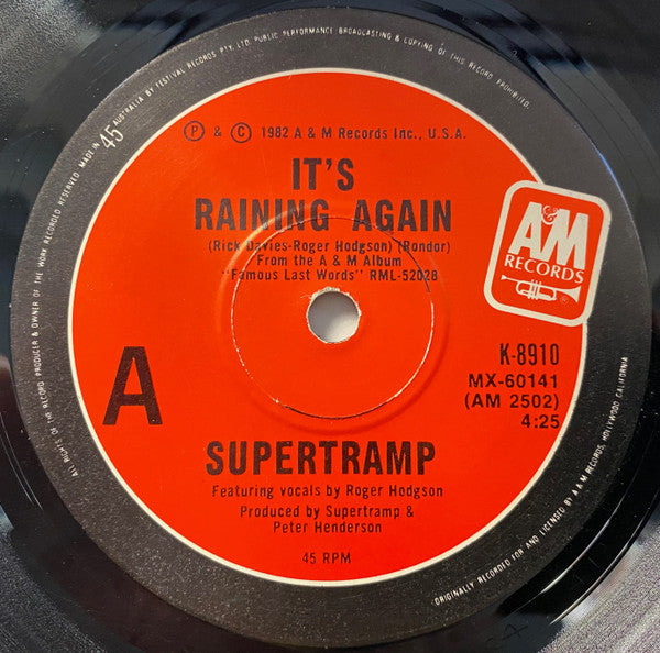 Supertramp : It's Raining Again (7", Single)