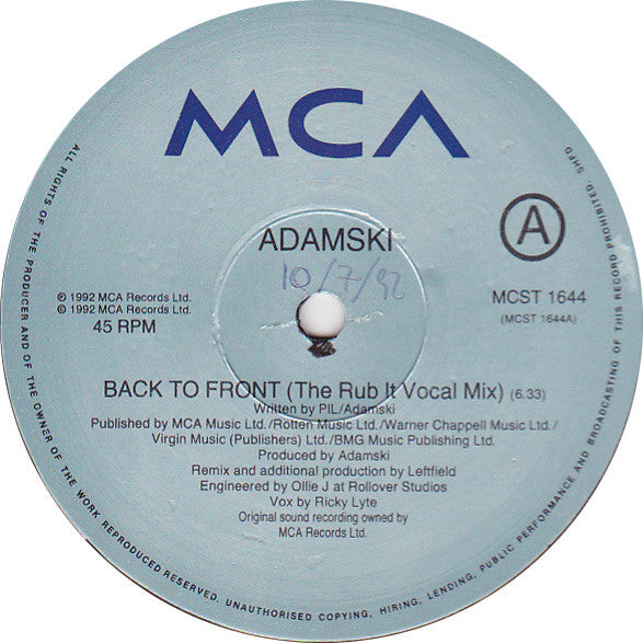 Adamski : Back To Front (12")