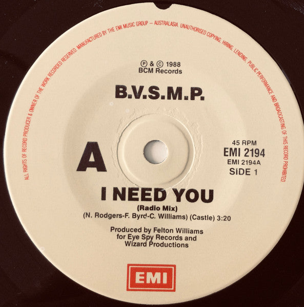 B.V.S.M.P. : I Need You (7")