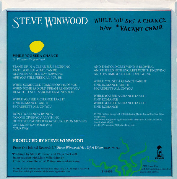 Steve Winwood : While You See A Chance (7", Single)