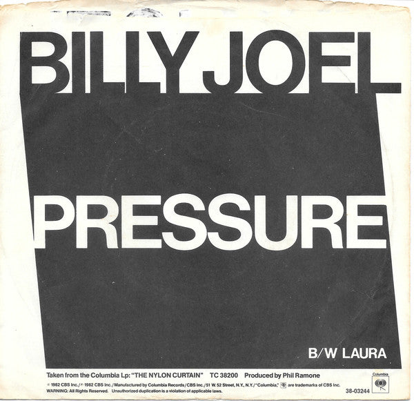 Billy Joel : Pressure (7", Single, Styrene, Ter)
