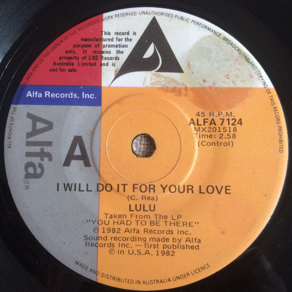 Lulu : I Will Do It For Your Love (7", Single)