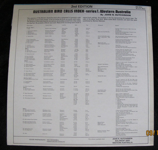 John N. Hutchinson : Australian Bird Calls Index (LP)