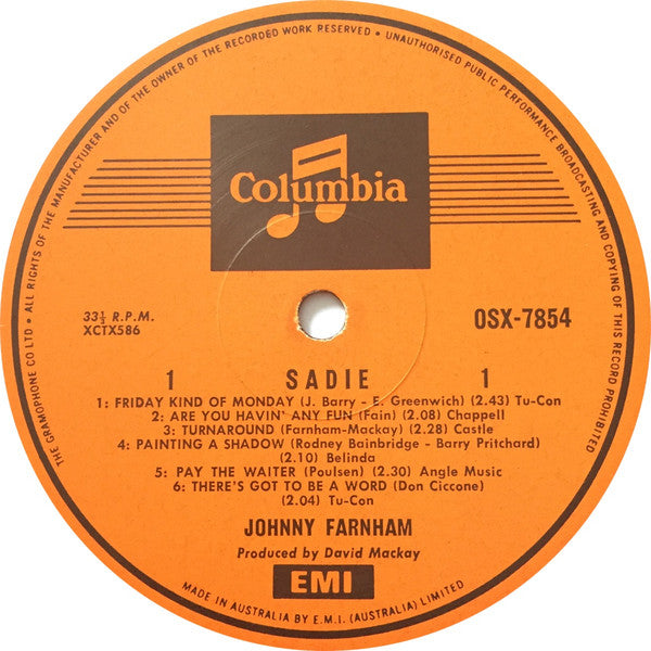 John Farnham : Sadie (LP, Album, Mono)