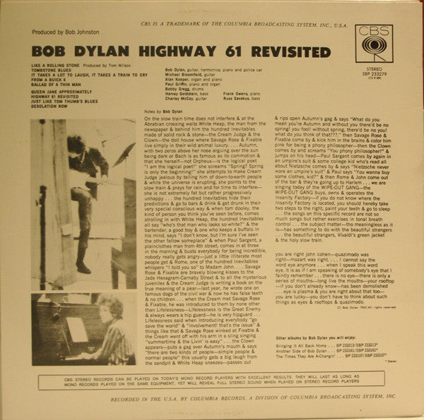 Bob Dylan : Highway 61 Revisited (LP, Album, RE)
