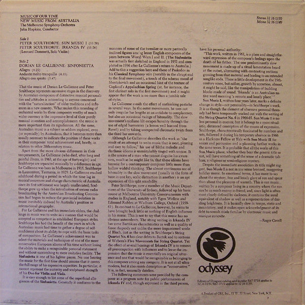 Peter Sculthorpe / Dorian Le Gallienne - John Hopkins (11) • Melbourne Symphony Orchestra : New Music From Australia Sun Music I / Irkanda IV / Sinfonietta (LP)