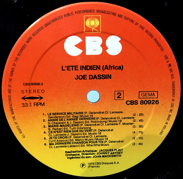 Joe Dassin : L'Ete Indien (Africa) (LP, Album)