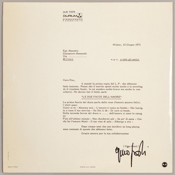 Gino Paoli : Le Due Facce Dell'Amore (LP, Album)