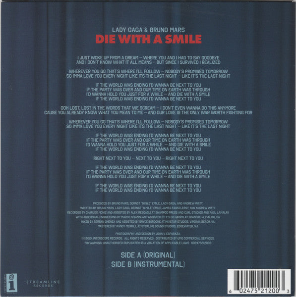 Lady Gaga & Bruno Mars : Die With A Smile (7", Single, Ltd)