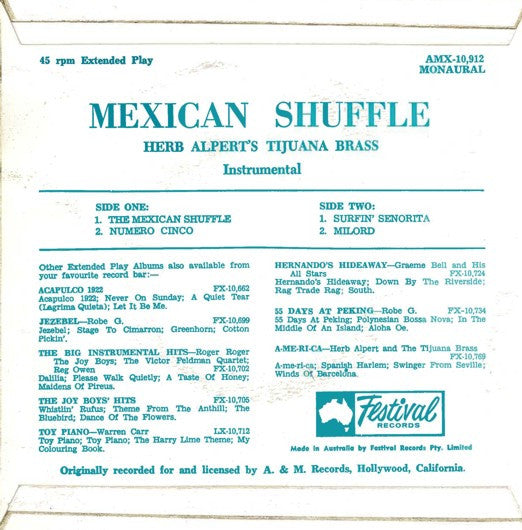 Herb Alpert & The Tijuana Brass : Mexican Shuffle (7", EP, Mono, RP)
