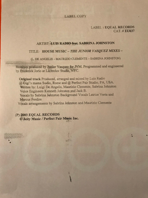Luis Radio Feat Sabrina Johnston : House Music (12")