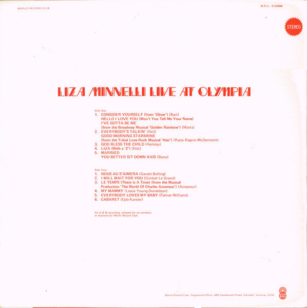 Liza Minnelli : Liza Minnelli Live At Olympia (LP, Album, Club)