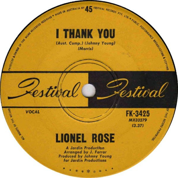 Lionel Rose : I Thank You / Pick Me Up On Your Way Down (7", Single)