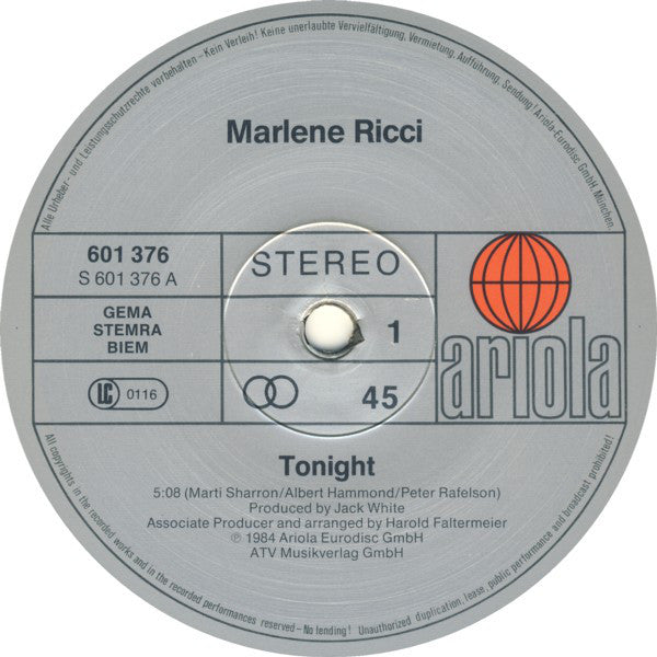 Marlene Ricci : Tonight (Extended Version) (12", Maxi)