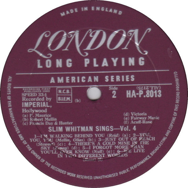 Slim Whitman : Slim Whitman Sings Volume 4 (LP, Mono)