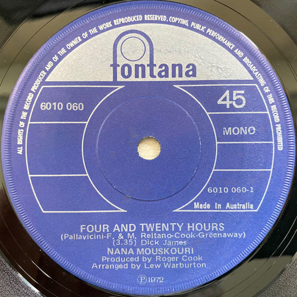 Nana Mouskouri : Four And Twenty Hours (7", Single, Mono)