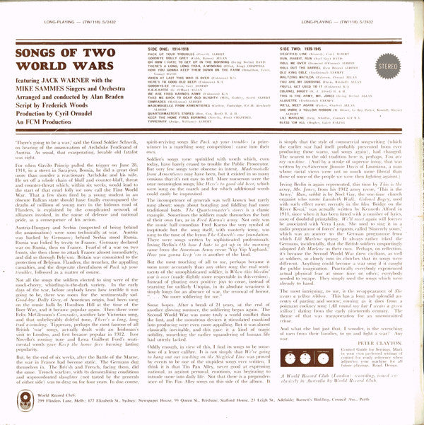 Jack Warner With Mike Sammes Orchestra And Singers : Songs Of Two World Wars (LP, Album, Club, RE)