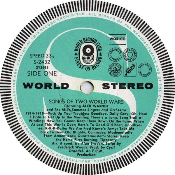 Jack Warner With Mike Sammes Orchestra And Singers : Songs Of Two World Wars (LP, Album, Club, RE)