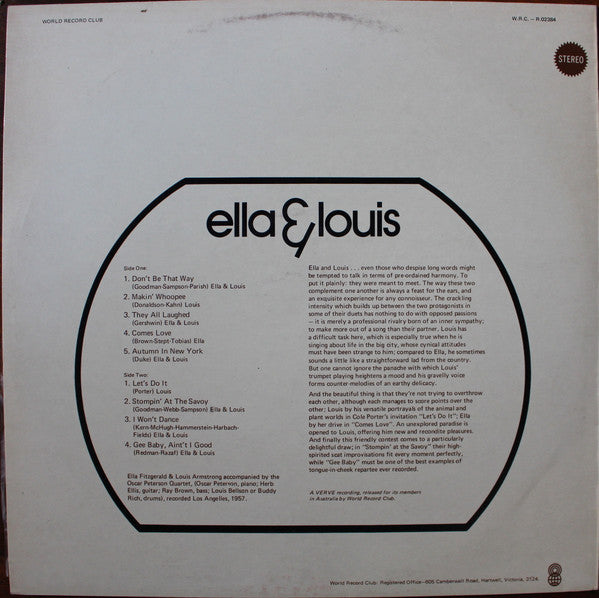 Ella Fitzgerald & Louis Armstrong : Ella And Louis (LP, Album, Club, RE)