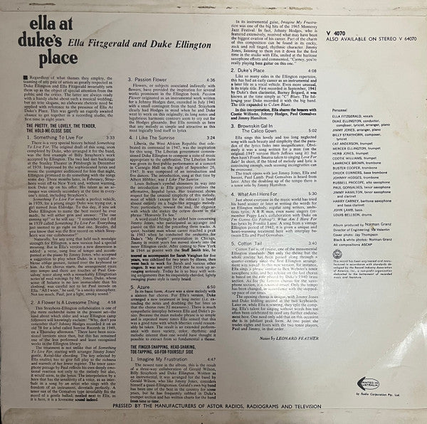 Ella Fitzgerald And Duke Ellington : Ella At Duke's Place (LP, Album)