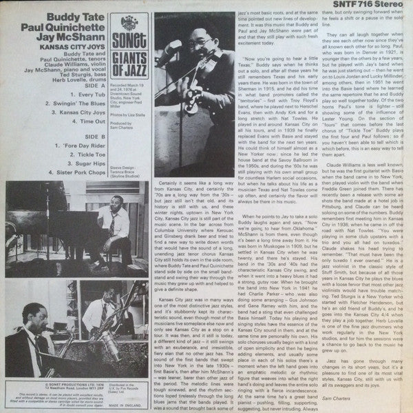 Buddy Tate, Paul Quinichette, Jay McShann : Kansas City Joys (LP, Album)