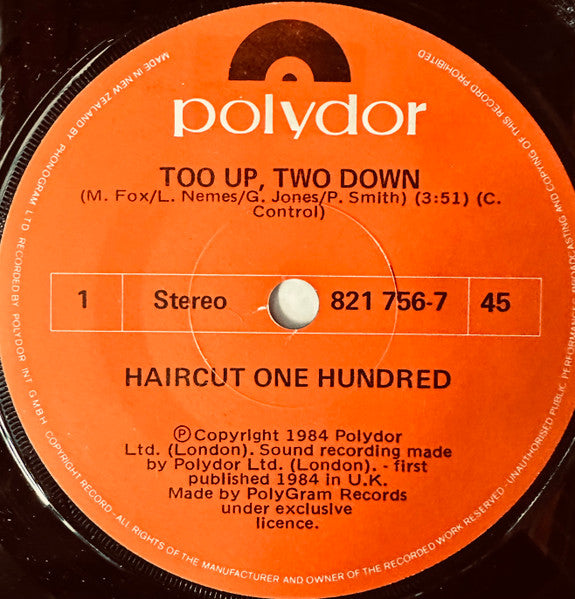 Haircut One Hundred : Too Up Two Down (7", Single)