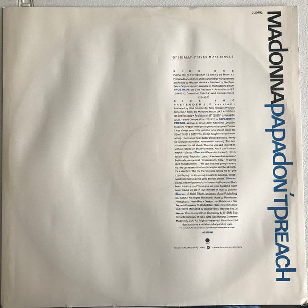 Madonna : Papa Don't Preach (12", Maxi)