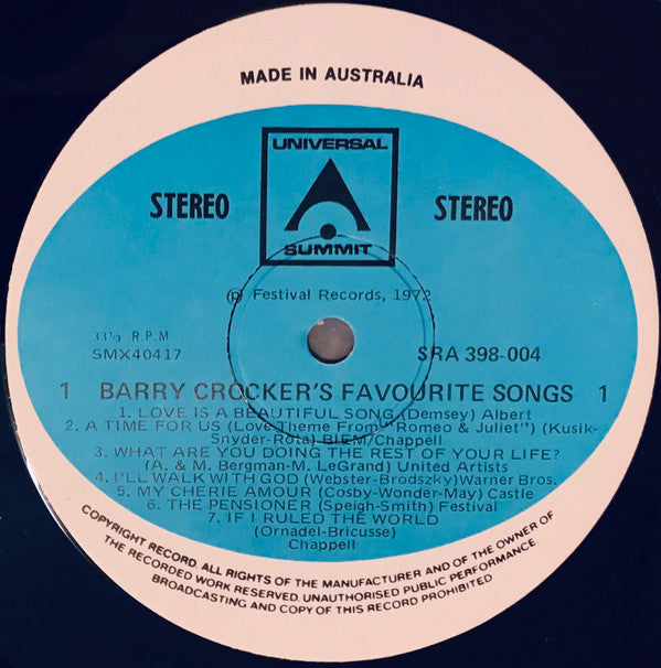 Barry Crocker : Barry Crocker's Favourite Songs (LP, Album, Gat)