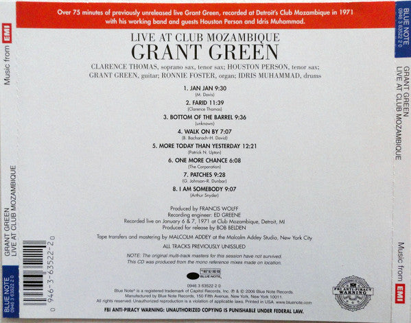 Grant Green : Live At Club Mozambique (CD, Album, Mono, RE)
