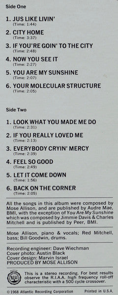 Mose Allison : I've Been Doin' Some Thinkin' (LP, Album, RP, Pre)