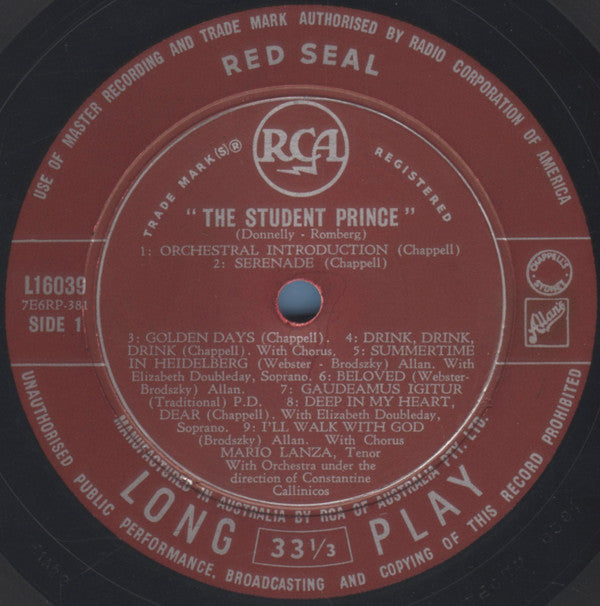 Mario Lanza : The Student Prince (LP, Album, RE)
