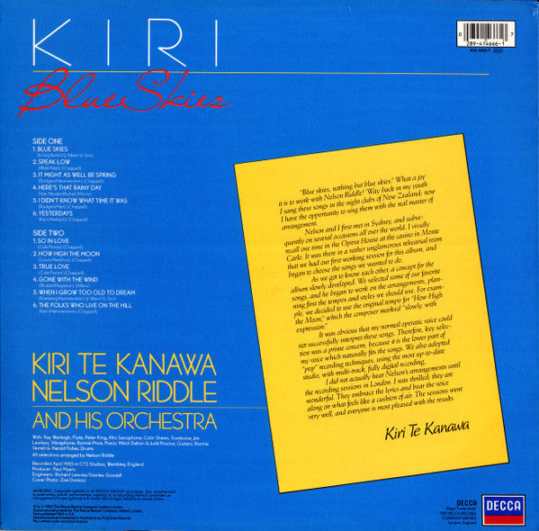 Kiri Te Kanawa - Nelson Riddle And His Orchestra : Blue Skies (LP, Album)