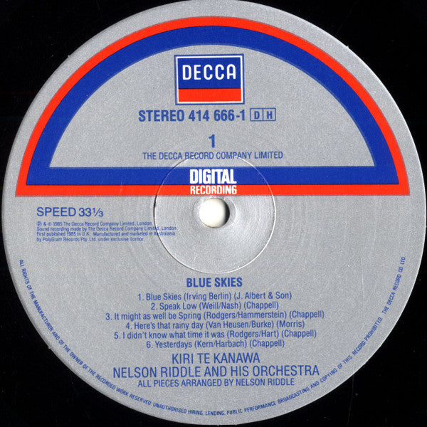 Kiri Te Kanawa - Nelson Riddle And His Orchestra : Blue Skies (LP, Album)