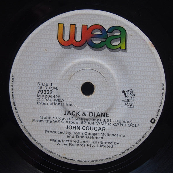 John Cougar* : Jack & Diane (7", Single, Whi)