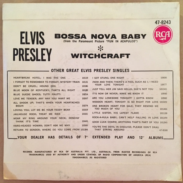 Elvis Presley With The Jordanaires : Bossa Nova Baby (7", Single)