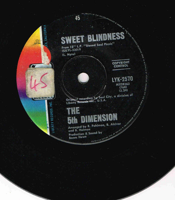 The Fifth Dimension : Sweet Blindness / Bobbie&#39;s Blues (Who Do You Think Of?) (7&quot;, Single)