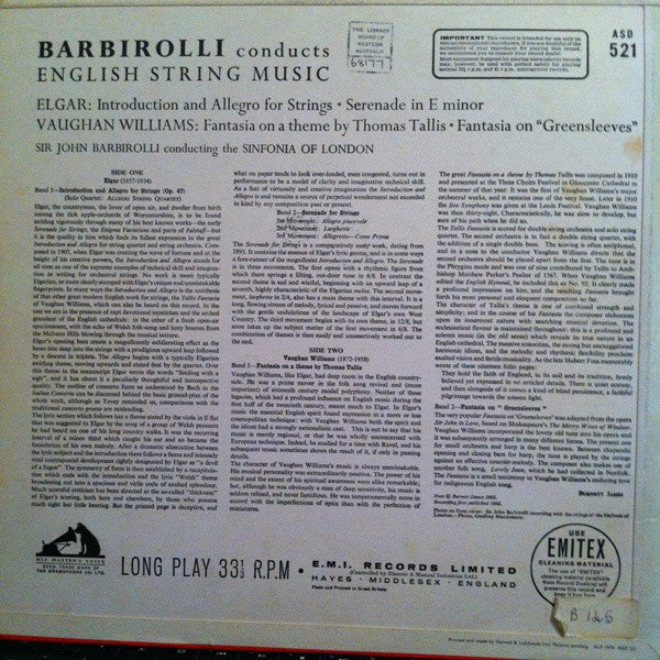 Sir John Barbirolli Conducts Sir Edward Elgar / Ralph Vaughan Williams, Sinfonia Of London With The Allegri String Quartet : Barbirolli Conducts English String Music (LP, Whi)