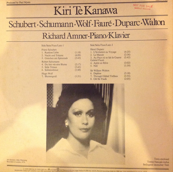 Franz Schubert, Robert Schumann, Hugo Wolf, Henri Duparc, Gabriel Fauré, Sir William Walton - Richard Amner, Kiri Te Kanawa : Récital (LP)